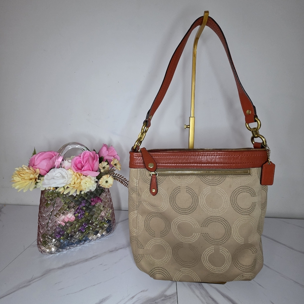 Coach Tan Signature Canvas Shoulder Bag with Brown Leather Trim - Picture 2 of 6